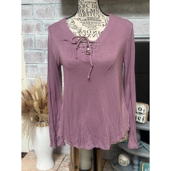 Rue 21 Mauve/purple long sleeve‎ shirt womens size small lace up tunic crew neck - Picture 1 of 11